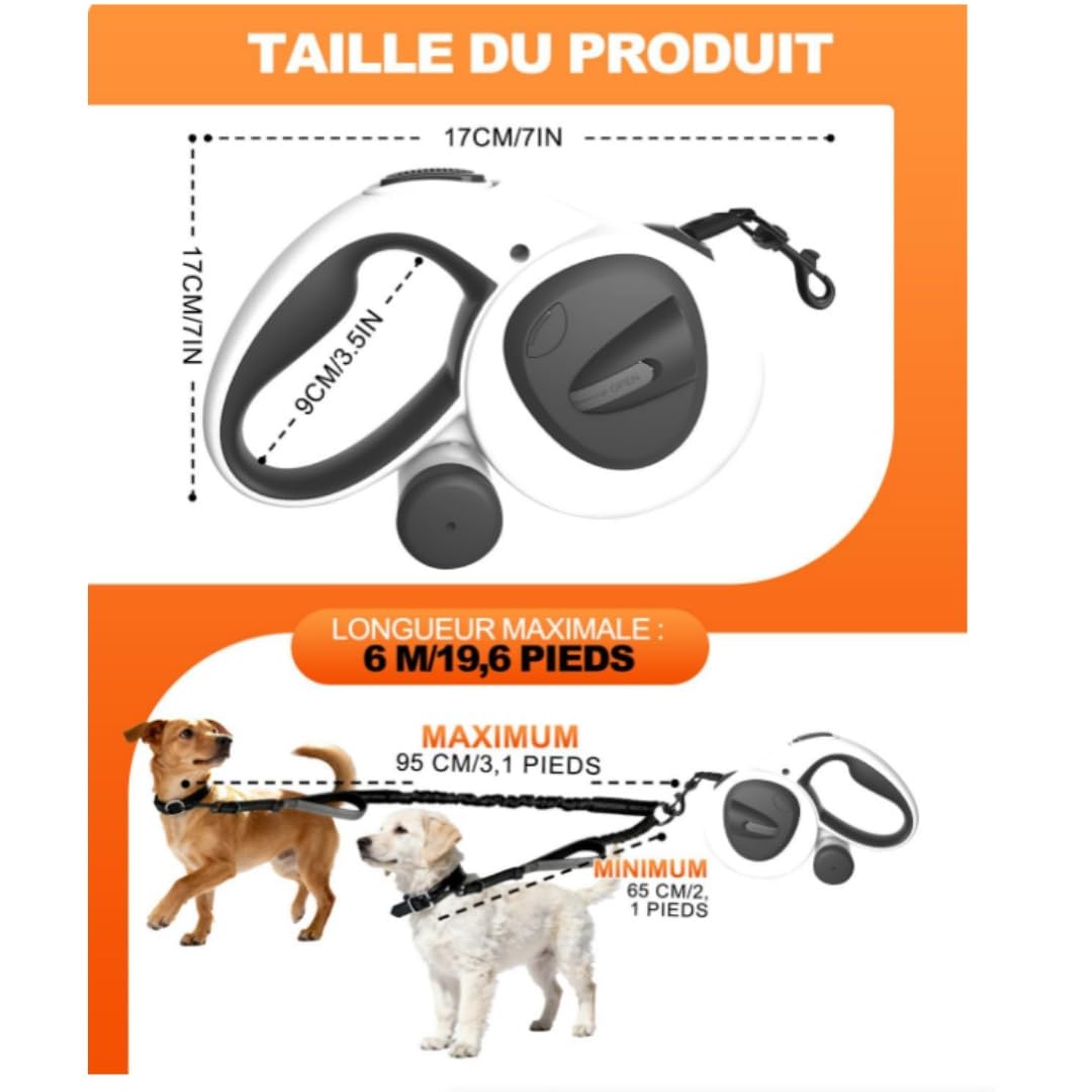 Retractable Leashes for Medium and Large Dogs Up to 50kg - Single Mode 5m & Double 5m+65cm, LED 155mAh, Brake Button at The Top, ABS+PC Heavy Duty Material, Safety Buckle & Door (L， 30-50KG)