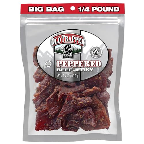 Image of Old Trapper Beef Jerky, Peppered 1 /4-Pound Individual Package, Spicy Meat Snacks for Lunches or Between Meals, 11 Grams of Protein, Zero Grams of Fat, 70 Calories per Serving (Pack of 8)