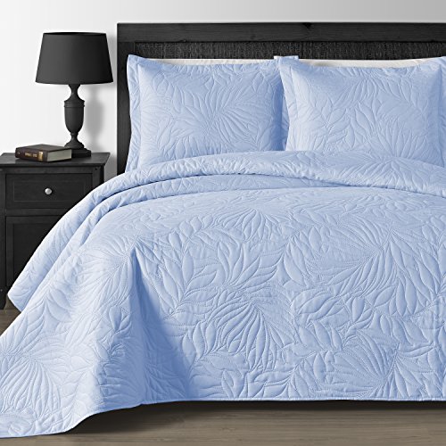 Comfy Bedding Extra Lightweight and Oversized Thermal Pressing Leafage 3-Piece Coverlet Set (Full/Queen, Blue)