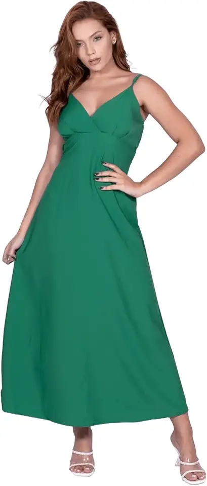 Vestido Longo para Festa com laço, Decote V com Alças Finas, Corte Fluido, Disponível em Azul Royal, Verde Esmeralda e Vermelho VES-001