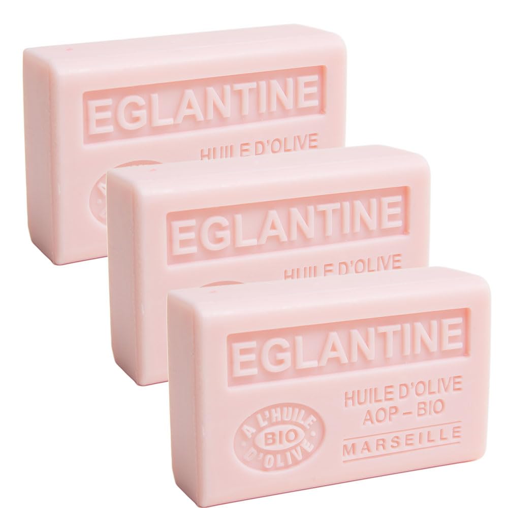 Label Provence Nature Savon de Marseille - French Soap Made With Pure Organic Olive Oil and Shea Butter - Eglantine Fragrance - 125 Gram Bars - Set of 3