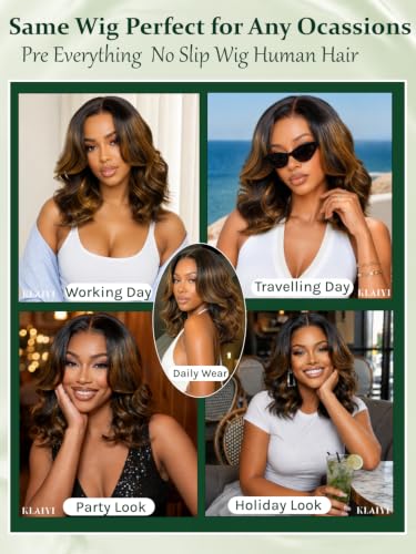 Image of KLAIYI Bye Bye Slip Ombre Highlight Balayage Brown Bob Body Wave Glueless Precut 7x5 Lace Front Wigs Human Hair Drawstring Pre Plucked Bleached Knots Face Framing 30S Ready to Wear and Go Wig 14Inch