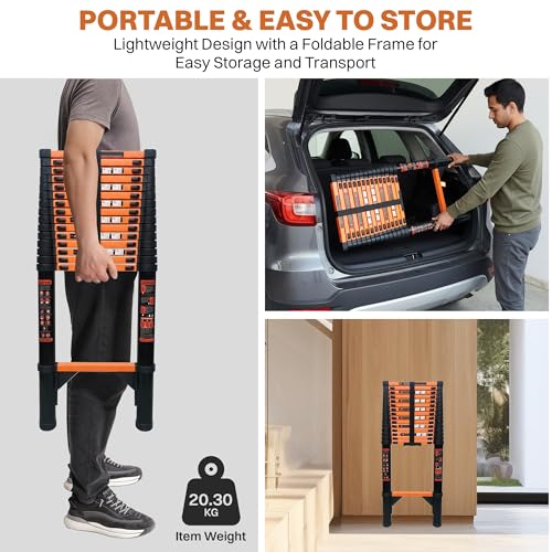 Image of BonKaso Telescopic Ladder 6.2m (20 Ft), 16 Steps | Heavy-Duty Foldable Alloy Steel Ladder with Anti-Slip Steps, 150kg Load Capacity, Rustproof, EN131 Certified | Matt Black & Orange