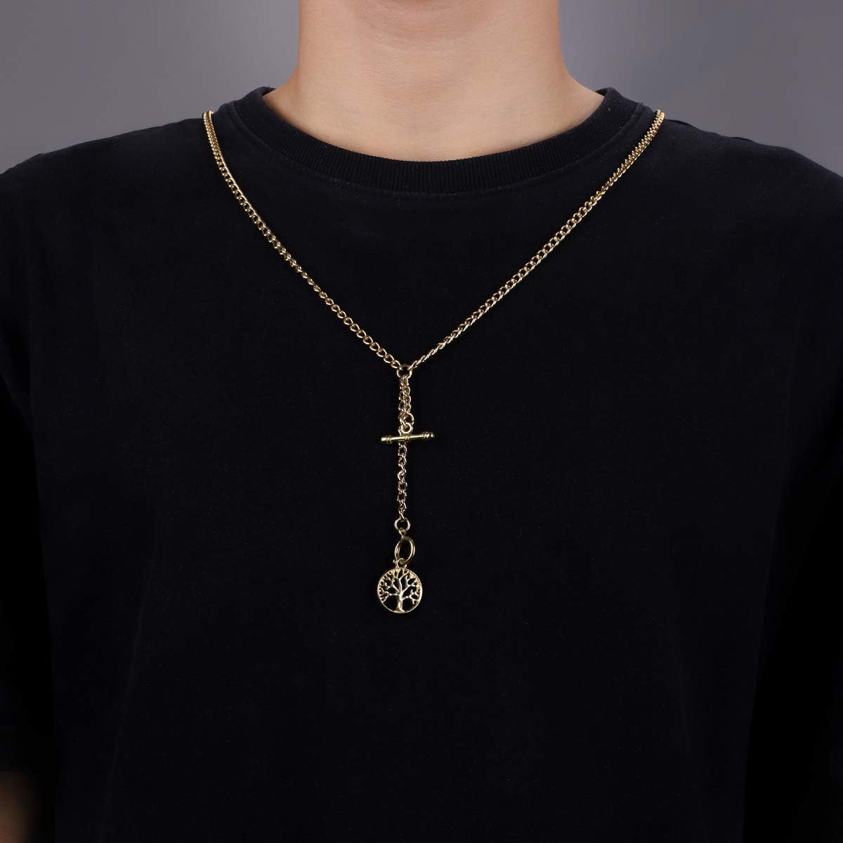 SIBOSUN Pocket Watch with Double Albert Chain, T Bar Watch Chain and Life Tree Pendant Design in Gold