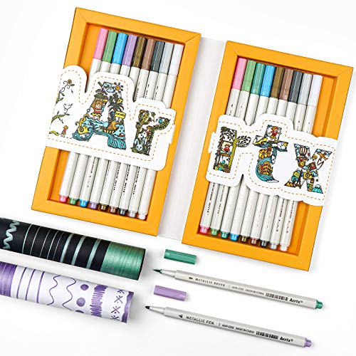Arrtx 20 metallic markeerstiften, 10 kleuren, 20 markeerstiften, zachte en fijne punten voor doe-het-zelf fotoalbum, steen, handschrift, hout, canvas, plakboek, kunststof