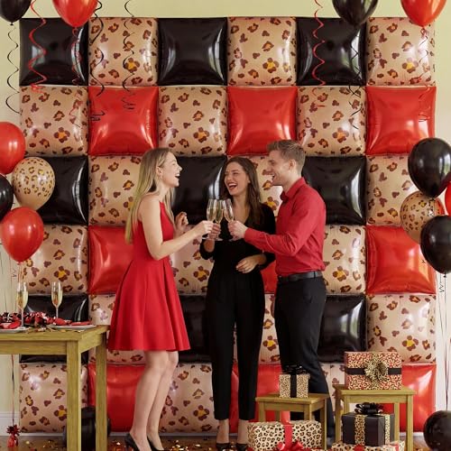 Image of Xqumoi Cheetah Print Square Foil Balloons Wall Backdrop - 36pcs Mixed Color Leopard Print Balloon Kit, Party Decor for Birthday, Bachelorette, Wild Theme Party Photo Booth Backdrop (Red & Black)