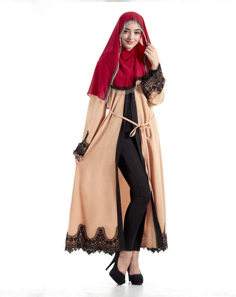Women Muslim Cardigan Robe, Vintage Lace Patchwork Open Front Kaftan Abaya Muslim Robes Hijab Prayer Clothing (Khaki, M)