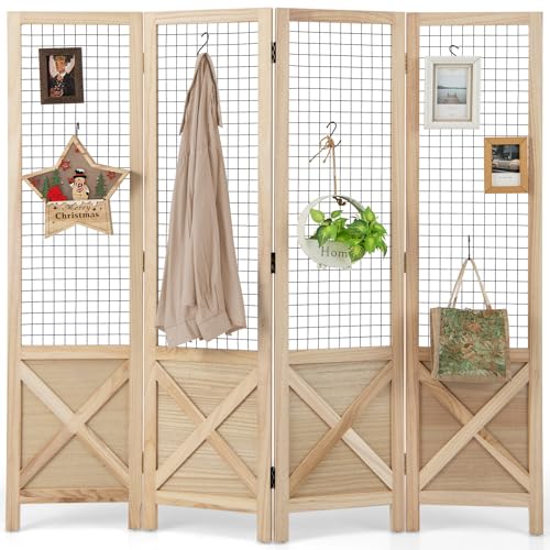 COSTWAY Paravent Interieur 4 Panneaux 151 x 144 cm, Separateur de Pieces Pliable, Bois en Paulownia, Grille, Closion de Separation Interieur, Pieds Antidérapants, pour Chambre Bureau Salon, Naturel