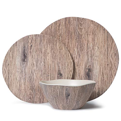 Melamine Dinnerware Set - 12pcs Melamine Plates and Bowls Set for Indoor Outdoor Use, Dishes Dinnerware Set Service for 4, Dishwasher Safe, Wood Grain
