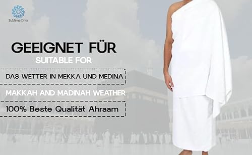 Sublime Offer Ihram Kleidung Ehram Set für Hajj und Umrah | 1000gr | 2 weiße Handtücher 110x220 cm | hygienisch, bequem & schnell trocknend