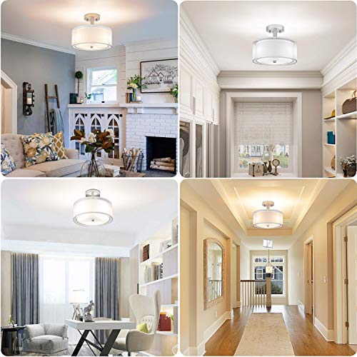 Semi Flush Mount Ceiling Light Fixture, 3-Light Drum Light with Double Fabric Shade, Modern Close to Ceiling Lamps for Living Room, Bedroom, Dining Room, Kitchen, Hallway, Entry, Foyer - Thumbnail 6