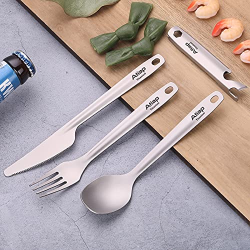Atiap Titanium Fork Spoon Bottle Opener, 4 Pieces Tableware Set Utility Cutlery Set For Camping Travel Daily Use #TOP5
