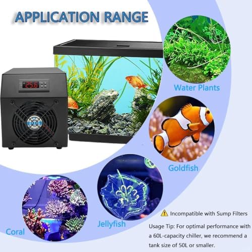 16 Gallon Aquarium Chiller, Low Noise Hydroponics Water Chiller with Pump Hose for Fish Tanks, Axolotl & Coral Reef, Saltwater & Freshwater Compatible