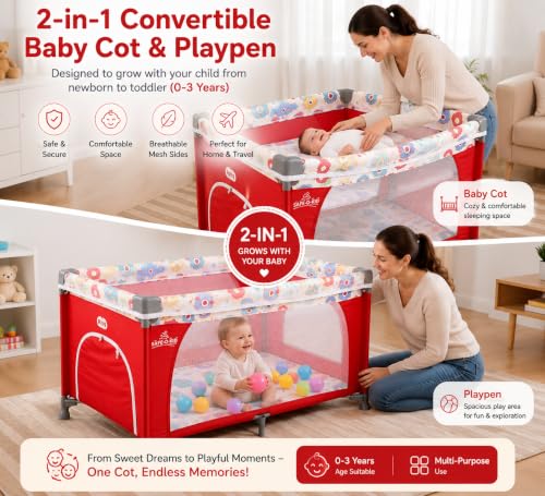 Image of Safe-O-Kid Baby Cot Foldable with Travel Bag | 2-in-1 Baby Playpen & Cot | 1 Year Warranty | Portable Baby Crib with Diaper Changing Station, Music, Toys, Organizer, Breathable Mesh for 0-3 Years - Red
