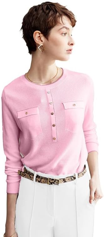 Women’s Crewneck Pullover Sweater with Metallic Trim Decorative Buttons Slim Fit Knit Top for Work Outfits Women’s Crewneck Pullover Sweater with Metallic Trim Decorative Buttons Slim Fit Knit Top for Work Outfits
