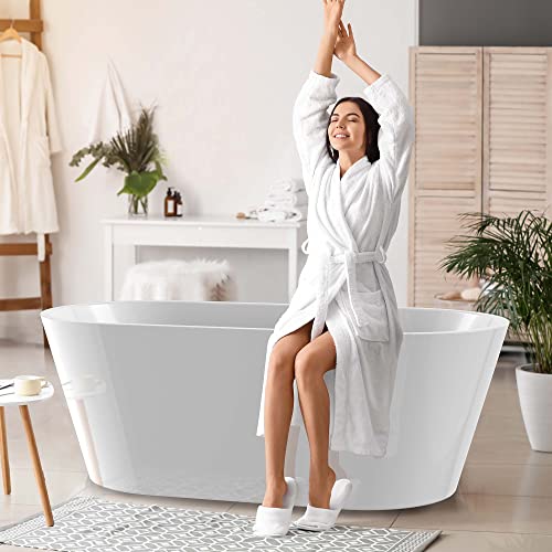 Getpro Acrylic Freestanding Bathtub 59'' Classic Oval Shape Soaking Tub Adjustable Free Standing Tub With Integrated Slotted Overflow And Chrome Pop-Up Drain Anti-Clogging Glossy White #TOP6