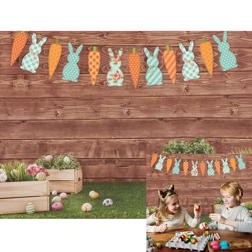 Toile de fond Pâques en bois marron 2,4x1,8m avec lapin et œufs d'herbe