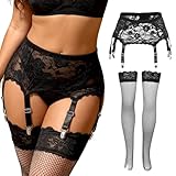 comeondear Ensemble Porte Jarretelle Sexy Femme Dentelle Grande Taille Porte Jarretelles avec 6 Pinces Réglable avec Bas Autofixants Résille Guepiere Jarretières Lingerie Noir,M L