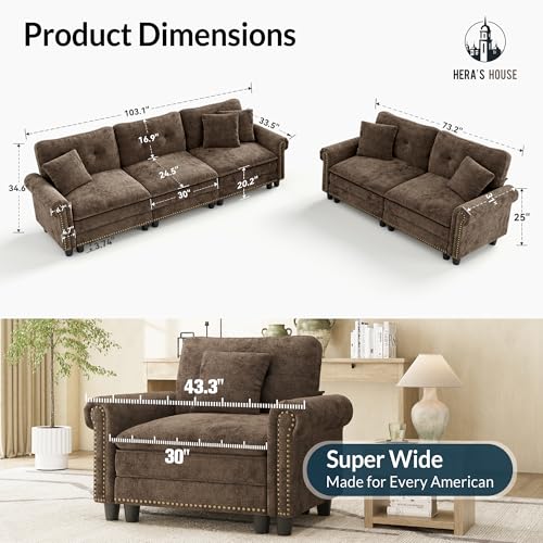 Image of HERA'S HOUSE Modular Sectional Sofa Set for Living Room 2-Piece Deep Seats | Mid-Century Modern 5-Seater Cloud Sofa Set, Grayish Brown, Rolled Arms & Nailhead Trim, Wider Seats, Chenille Furniture Set