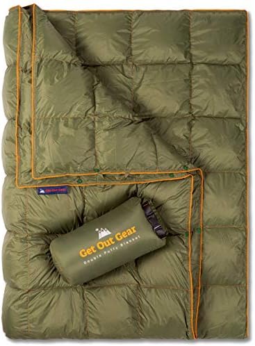 Get Out Gear Double Puffy Camping Blanket - Extra Puffy, Packable, Lightweight and Warm | Ideal for Outdoors, Travel, Stadium, Festivals, Beach, Hammock | Water-Resistant Camp Quilt (Olive/Orange)