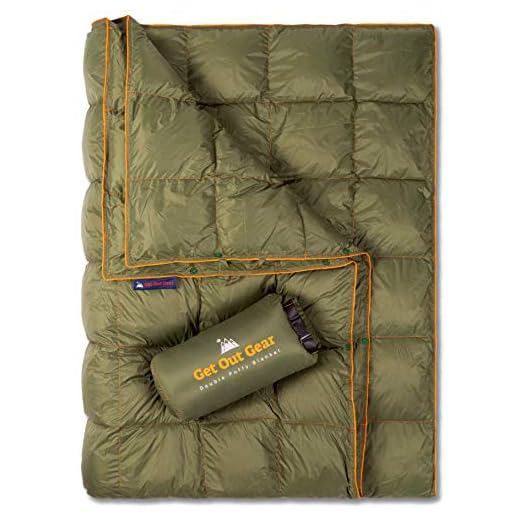 Get Out Gear Double Puffy Camping Blanket - Extra Puffy, Packable, Lightweight and Warm | Ideal for Outdoors, Travel, Stadium, Festivals, Beach, Hammock | Water-Resistant Camp Quilt (Olive/Orange)