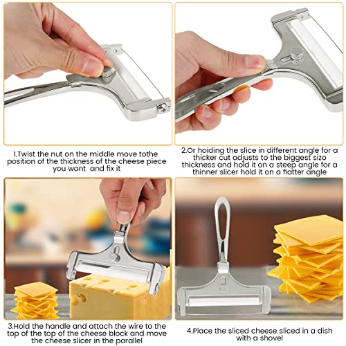 2 PCS Wire Cheese Slicer,Stainless Steel Cheese Cutters,Cheese Slicers for Block Cheese Heavy Duty,Adjustable Thickness Cheese Cutter for Cutting Soft, Semi-Hard, Hard Cheeses Kitchen Cooking Tool