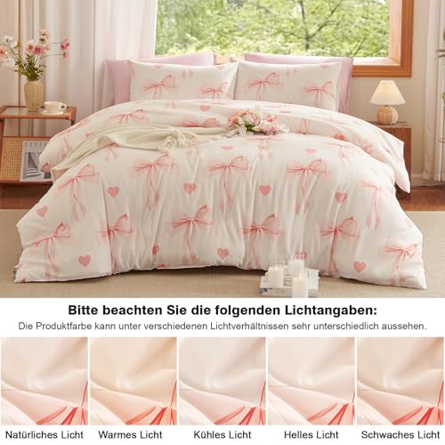 Tospass Mädchen Bettwäsche 135x200 Rosa Beige Herz Schleifen Bettwäsche Set – Ansicht 3