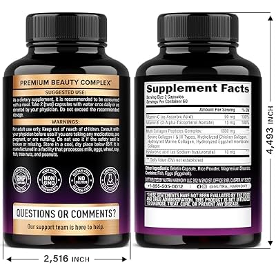 Multi Collagen Peptides - Hydrolyzed Types I, II, III, V & X - Collagen Supplement for Women 1300mg - w/ Hyaluronic Acid, Vitamins C & E - Skin, Hair, Nails & Joint Support - Made in USA, 120 Capsules