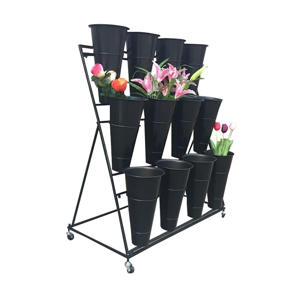 Espositore per Fiori con 12 secchi in plastica - Supporto per Piante in Ferro con 4 Ruote universali, ripiano per Bouquet di fiorista Mobile in Metallo a 3 Strati per ne