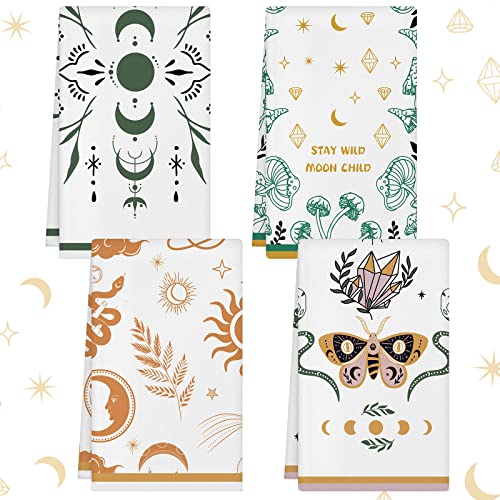 Kinlop 4 Pieces Kitchen Towels Gift Star Mushroom Moon Boho Witchy Cute Dish Towels Ultra Absorbent Drying Cloth Tea Towels Kitchen Hand Towels Farmhouse Soft Dishcloths Coffee Tea Bar Hand Towels #TOP8