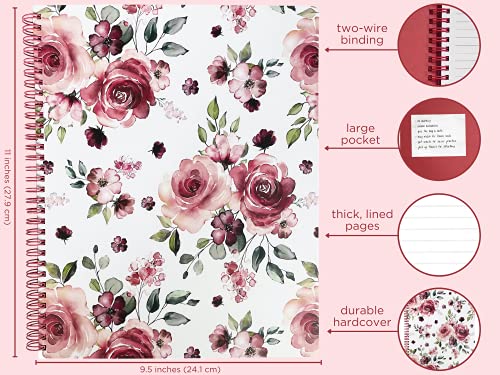 Steel Mill & Co Cute Large Spiral Notebook College Ruled, 11" X 9.5" With Durable Hardcover And 160 Lined Pages, Rose Floral #TOP2