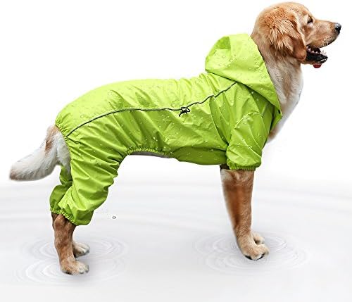 EVELOVE Dog Rain Jacket Four-Legged Dog Raincoat Waterproof Clothes Hood Poncho with Safe Reflective Stripes for Small Medium Large Pet(L, Green)