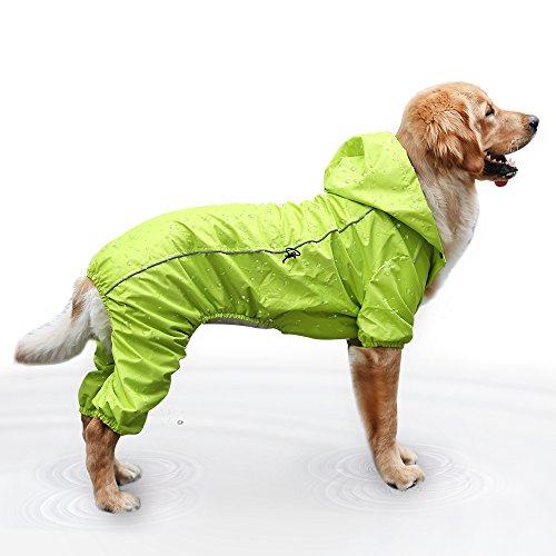 Evelove Dog Rain Jacket Four-Legged Dog Raincoat Waterproof Clothes Hood Poncho With Safe Reflective Stripes For Small Medium Large Pet(L, Green) #TOP15