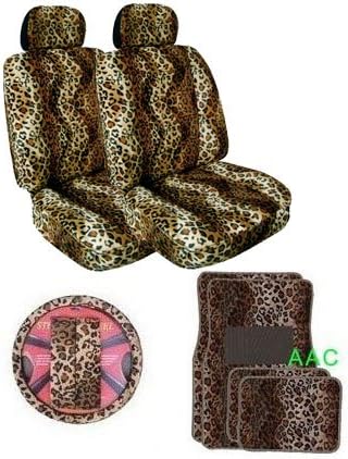2 Low Back Seat Covers w/ Headrest, 1 Steering Wheel Cover, 2 Shoulder Pads & 4 Floor Mats - Leopard