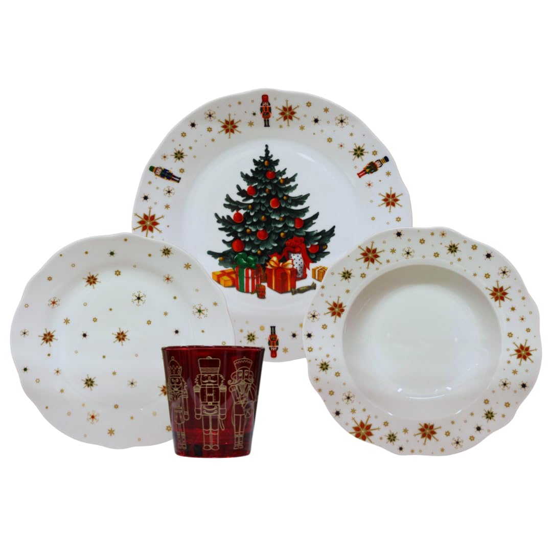 Servicio de platos de Navidad de porcelana para 6 personas con vasos: 24 piezas, decoraciones con árbol de Navidad, cascanueces y estrellas, rojo y blanco, apto para lavavajillas y
