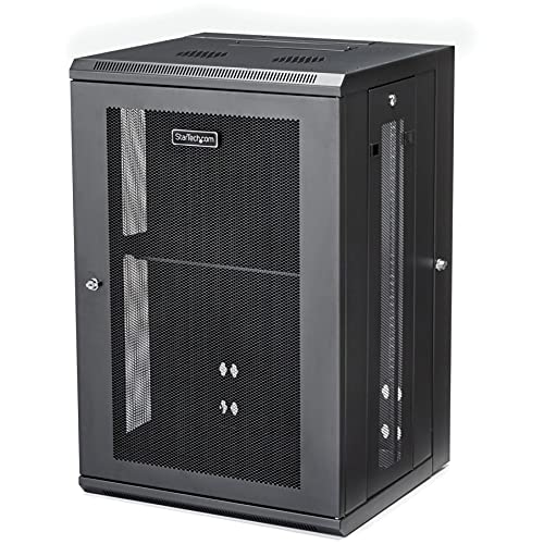 StarTech.com 18U 19 Wall Mount Network Cabinet - 16 Deep Hinged Locking IT Network Switch Depth Enclosure - Assembled Vented Computer Equipment Data Rack w Shelf & Flexible Side Panels