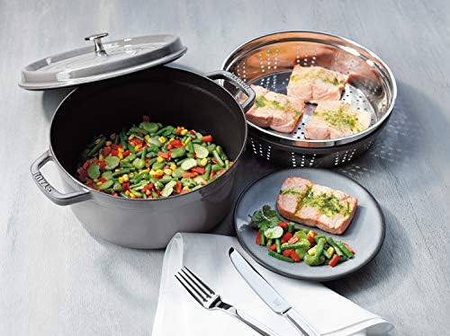 Staub 40510-605-0 Cast Iron Roaster/ Cocotte with Steamer Insert, Round 26 cm, 5.2 L, With Matte Black Enamel inside the Pot, Graphite Grey