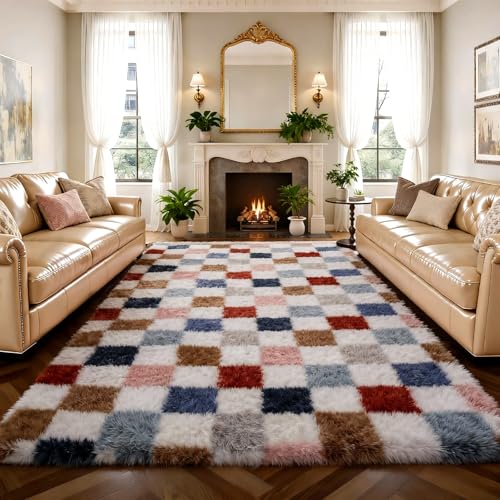 Untimaty Rugs Living Room - 160x230cm Classic Checkered Large Colorful Ultra Soft Fluffy Bedroom Area Rugs Washable Anti-Slip Backing Carpet Nursery Kids Room Modern Floor Home Decor