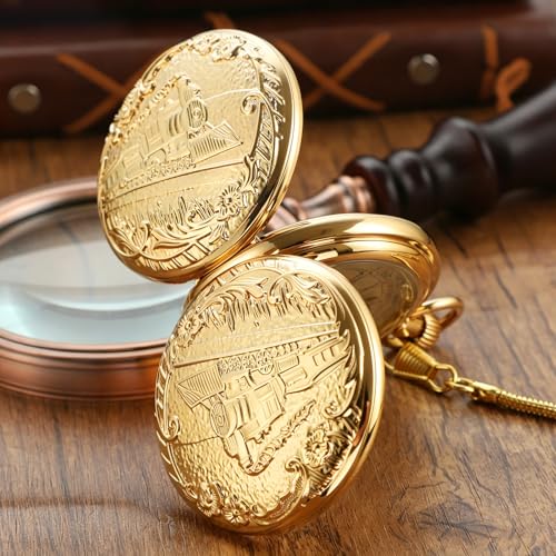 Image of Men's Mechanical Pocket Watch with Chain, Vintage Full Copper Hand-Wind Second&24hours Sub-dials Pocket Watches for Men with Box