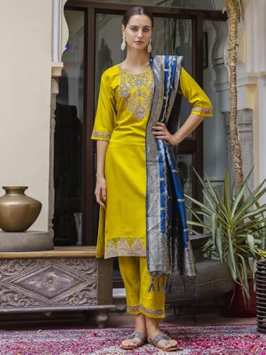 Image of VredeVogel Kurta Set with Dupatta | Viscose Rayon Embroidered Kurta Set for Women | Women's Ethnic Casual Kurti Set |Kurta Pant Festive Suit