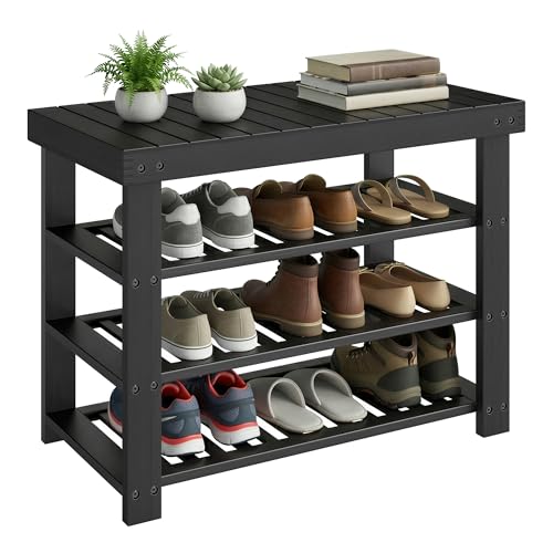 Image of SONGMICS Shoe Rack Bench, 4 Tier Bamboo Shoe Storage Organizer, Entryway Bench, for Living Room, Bathroom, Bedroom, 11.3 x 27.6 x 20.5 Inches, Ink Black ULBS370BH01