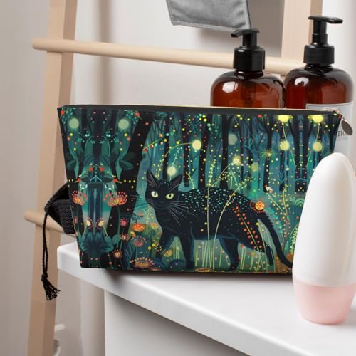 Mystical Black Cat Fireflies Makeup Bag, Cosmetic Bags Travel Toiletry Bag Make Up Bag for Women, Leather Makeup Bag Organizer, Cute Makeup Pouch Gold4