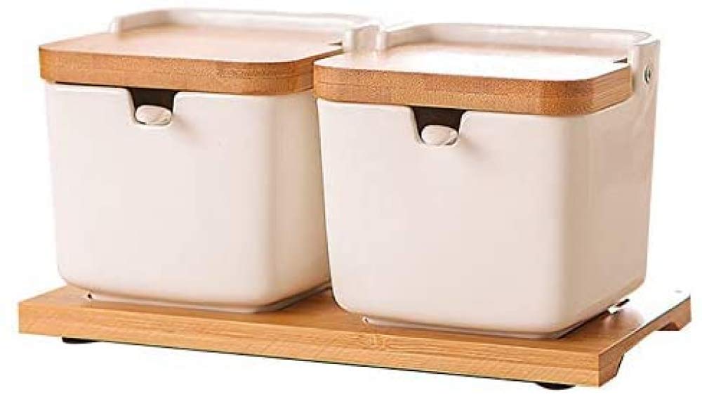 Zuccheriera con Coperchi e Cucchiai, Zuccheriera in Ceramica con Base in Legno, Portaspezie da Cucina-2-piece suit