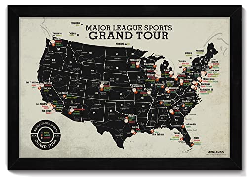 Grand Tour Stadium Map: Baseball + Hockey + Football Stadiums, Framed Push Pin Map - Includes 100 Mixed Colored Map Pins #TOP11