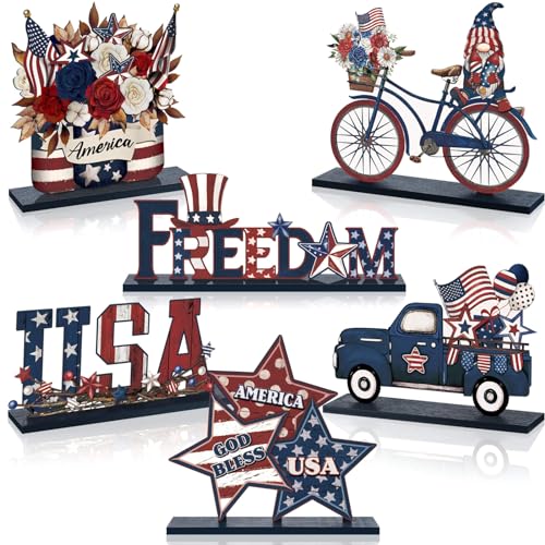 Wenqik 6 Pcs 4th of July Table Decor 250th Anniversary Patriotic Wooden Tabletop Decorations Rustic USA Star Wood Table Centerpiece for Independence Day Home Office Tiered Tray Decor