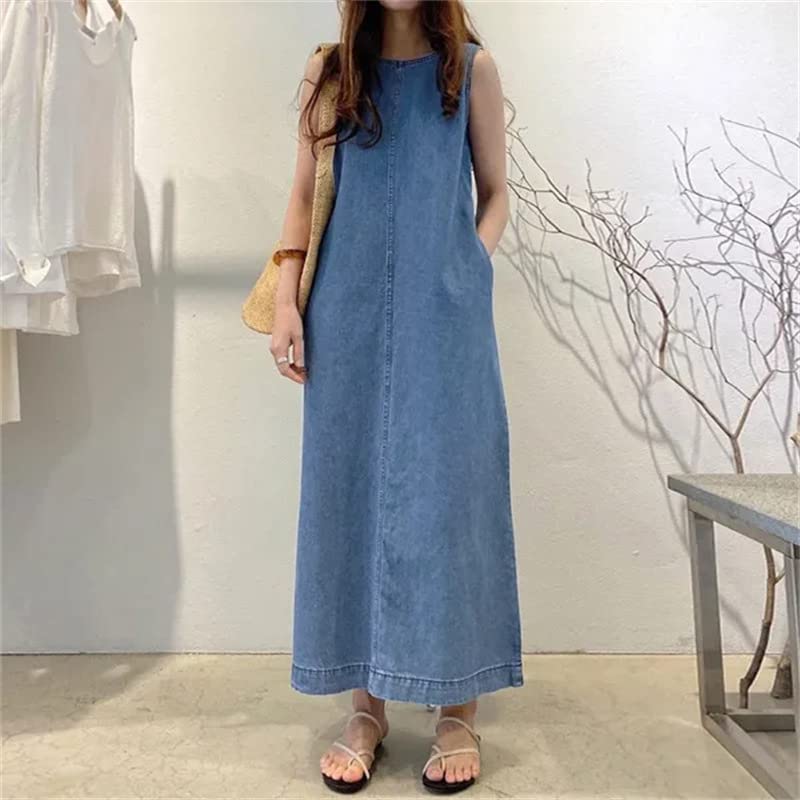 Women's Casual Sleeveless Denim Dress Summer Loose Jean Dresses Maxi Length Tank Dress with Pockets3
