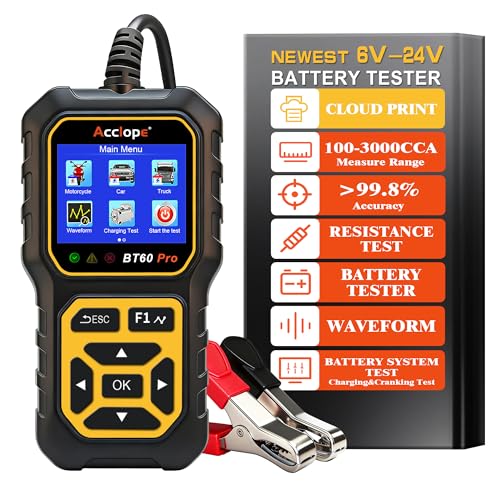 Acclope BT60 PRO Testeur de Batterie Voiture 2–120Ah 100-3000CCA 12V 6V 24V Test Charge Alternateur&Démarrage Analyse Onde AGM/GEL/SLA/EFB/VRLA/LiFePO4...