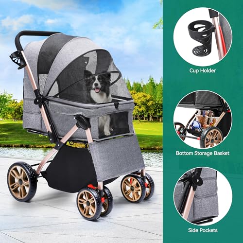 YITAHOME Hundebuggy Hundewagen klappbar für Hunde & Katzen, Haustierbuggy bis 22 kg mit umkehrbarem Griff, Netzfenstern, Getränkehalter, 360° drehbare EVA-Räder mit Bremsen (Grau)