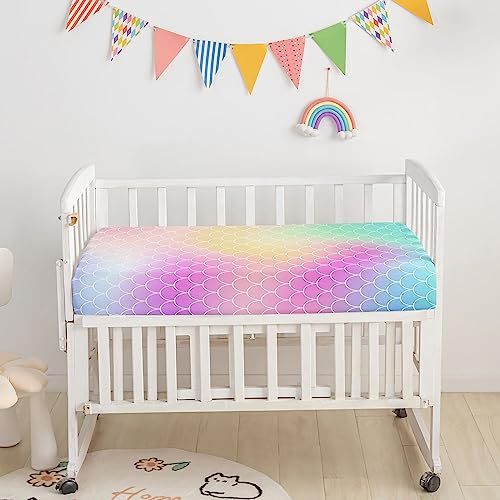 Image of Crib Bedding Set - 3pc Nursery Set with Comforter, Crib Sheet & Skirt, Mermaid Scales Printed Bedding for Baby Boys & Girls