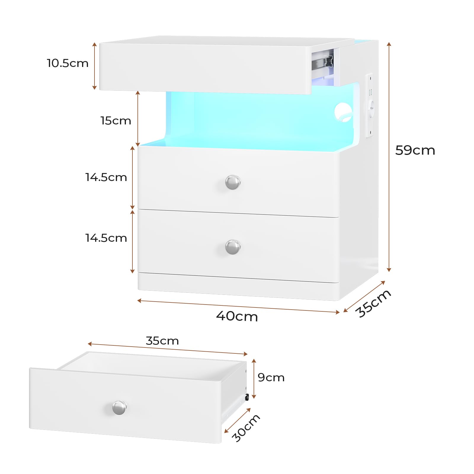 AOGLLATI Nachttisch mit Geheimfach,Nachtschrank mit Steckdose und LED-Beleuchtung Beistelltisch mit 2 Schubladen,1 Ausziehrega,1 Fach,Hochglanzoberfläch (1, Weiß, 40x35x59cm)